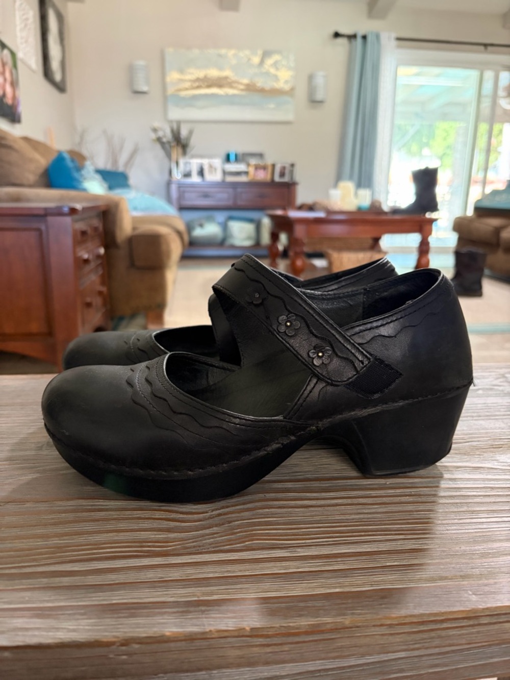 Dansko Harlow Black Mary Jane Clogs with Floral Strap Accent 41
